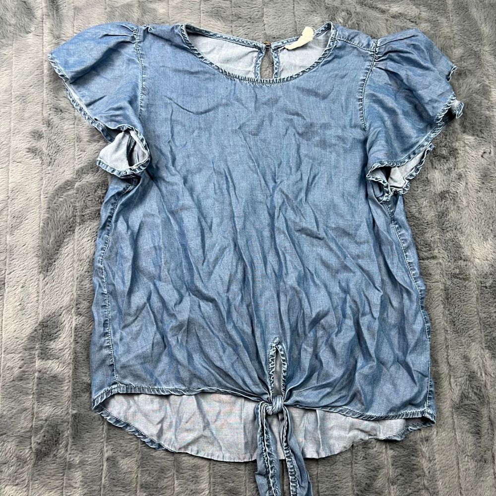 Harper Heritage Blue Lyocell Chambray Flutter Sleeve Tie Front Top M 79761